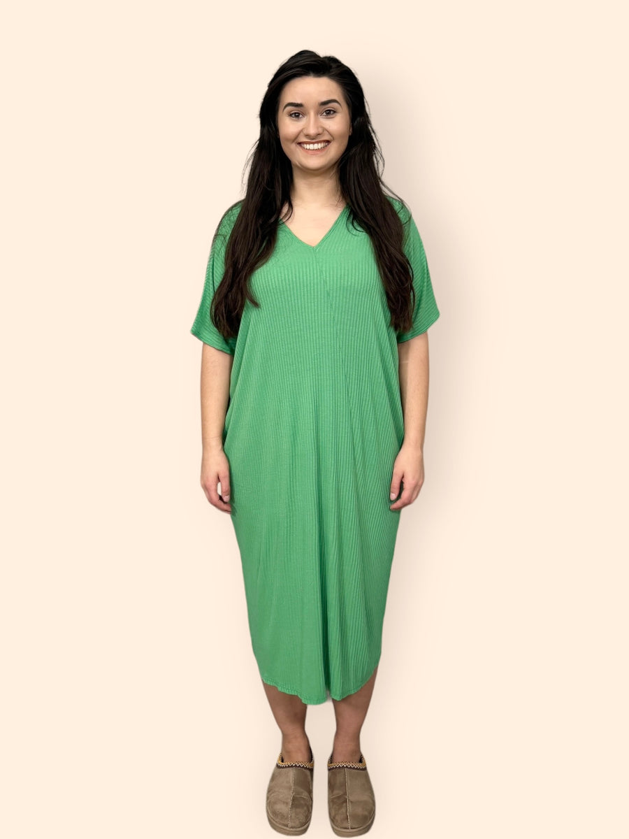 Comfy Fit Ribbed Bat Wing Dress with V Neck and Short Dropped Shoulder Sleeves