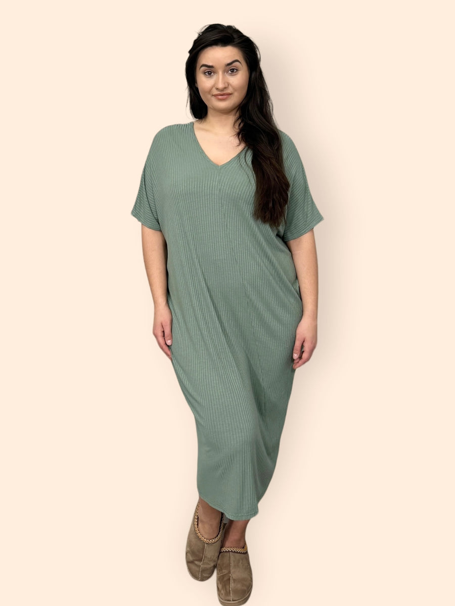 Comfy Fit Ribbed Bat Wing Dress with V Neck and Short Dropped Shoulder Sleeves