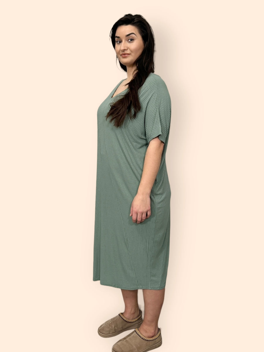 Comfy Fit Ribbed Bat Wing Dress with V Neck and Short Dropped Shoulder Sleeves