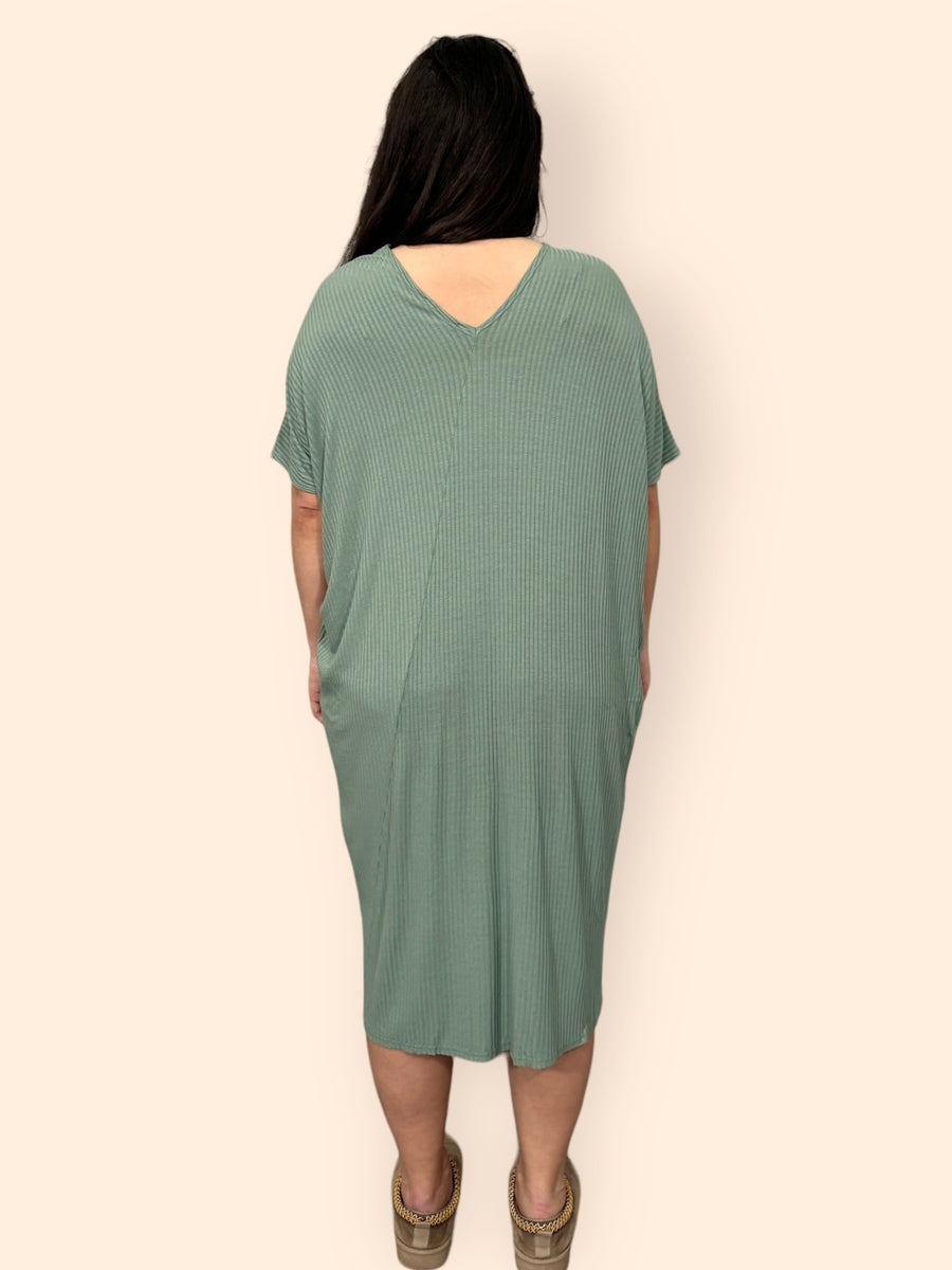 Comfy Fit Ribbed Bat Wing Dress with V Neck and Short Dropped Shoulder Sleeves