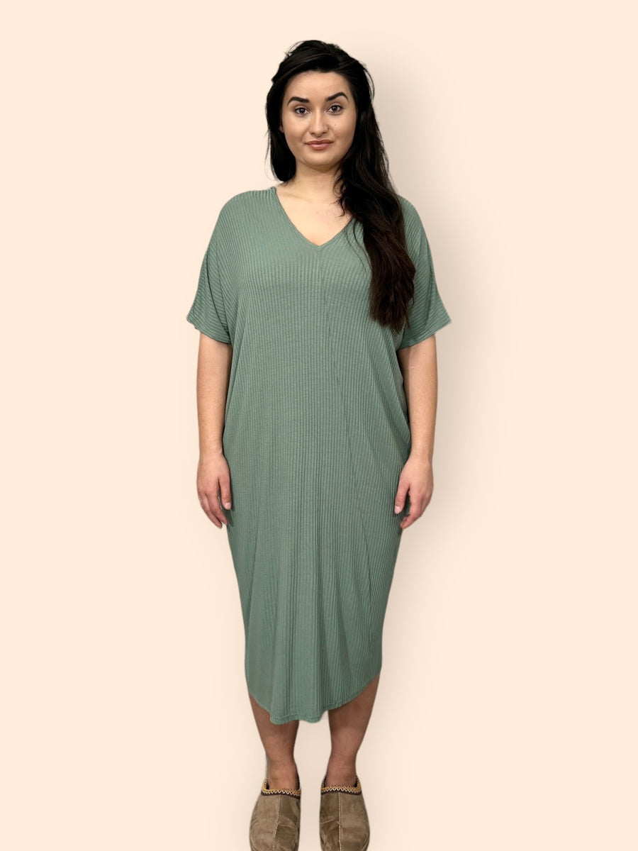 Comfy Fit Ribbed Bat Wing Dress with V Neck and Short Dropped Shoulder Sleeves