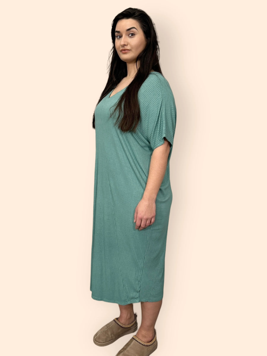 Comfy Fit Ribbed Bat Wing Dress with V Neck and Short Dropped Shoulder Sleeves