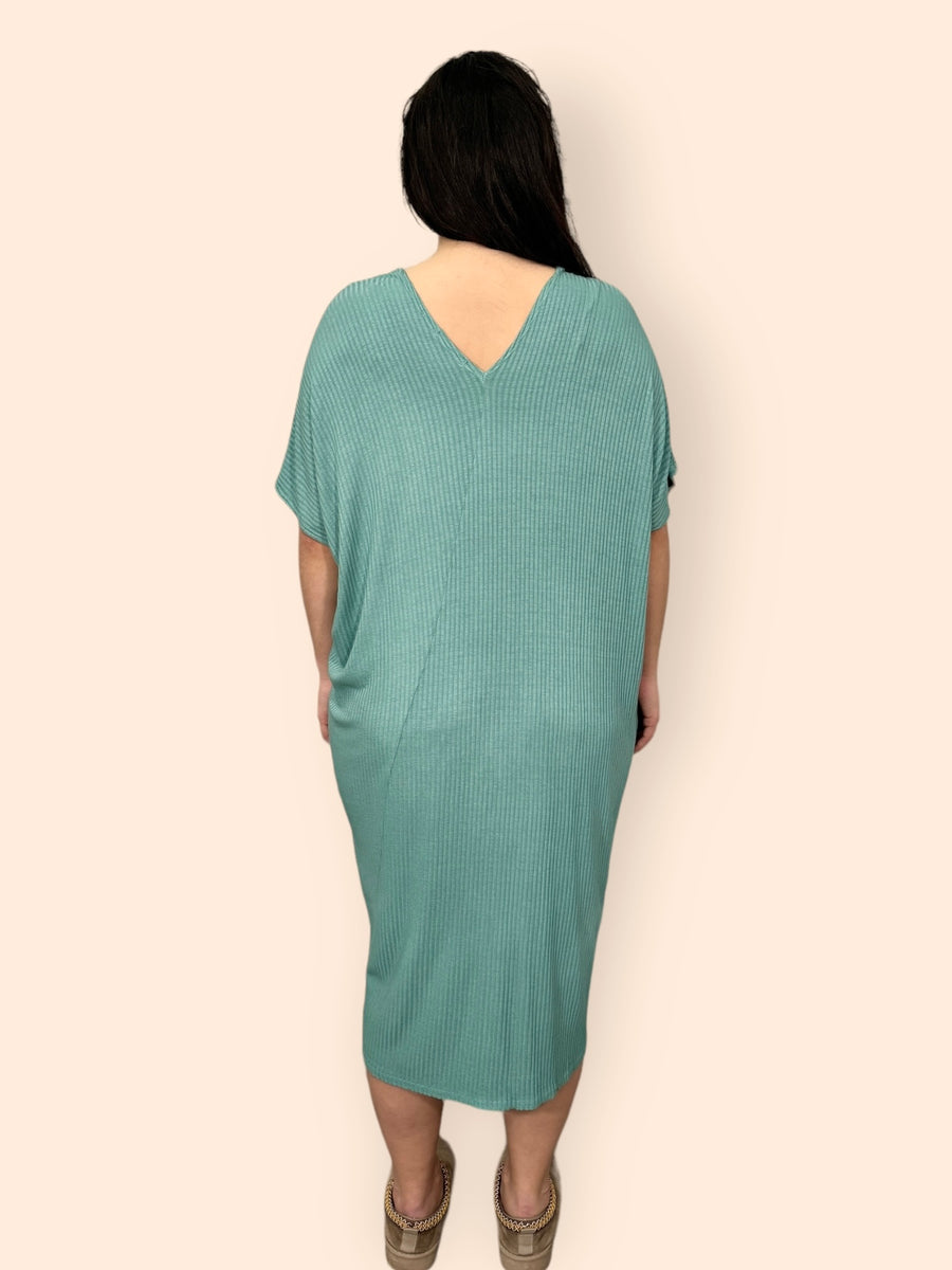 Comfy Fit Ribbed Bat Wing Dress with V Neck and Short Dropped Shoulder Sleeves