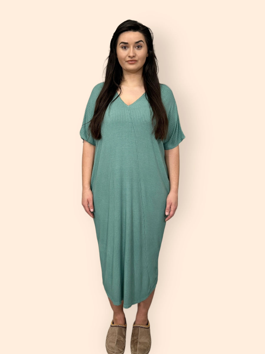 Comfy Fit Ribbed Bat Wing Dress with V Neck and Short Dropped Shoulder Sleeves