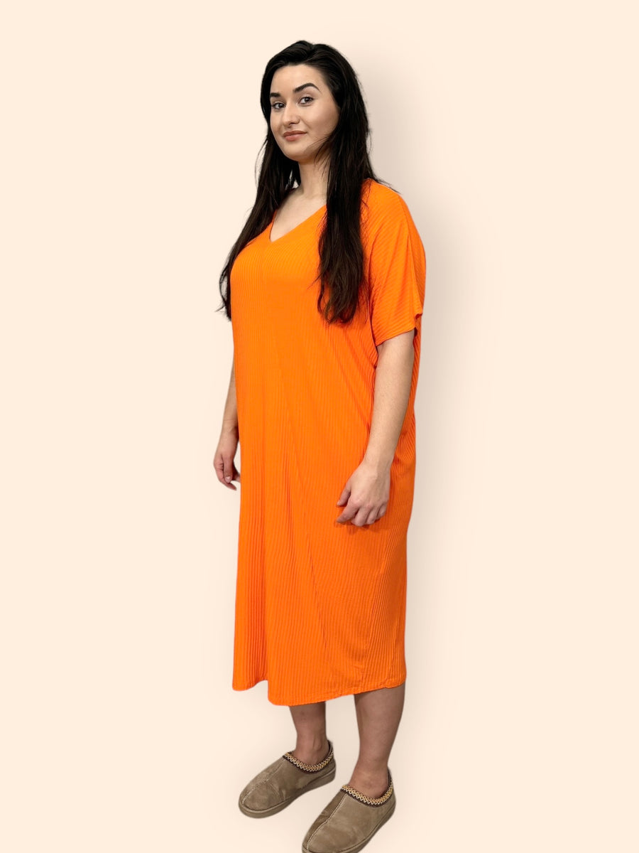 Comfy Fit Ribbed Bat Wing Dress with V Neck and Short Dropped Shoulder Sleeves