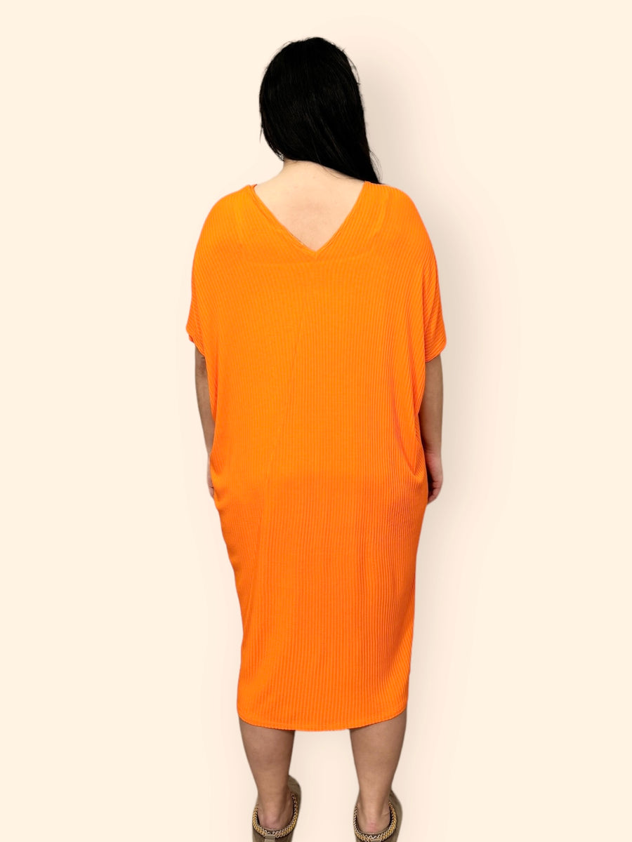 Comfy Fit Ribbed Bat Wing Dress with V Neck and Short Dropped Shoulder Sleeves