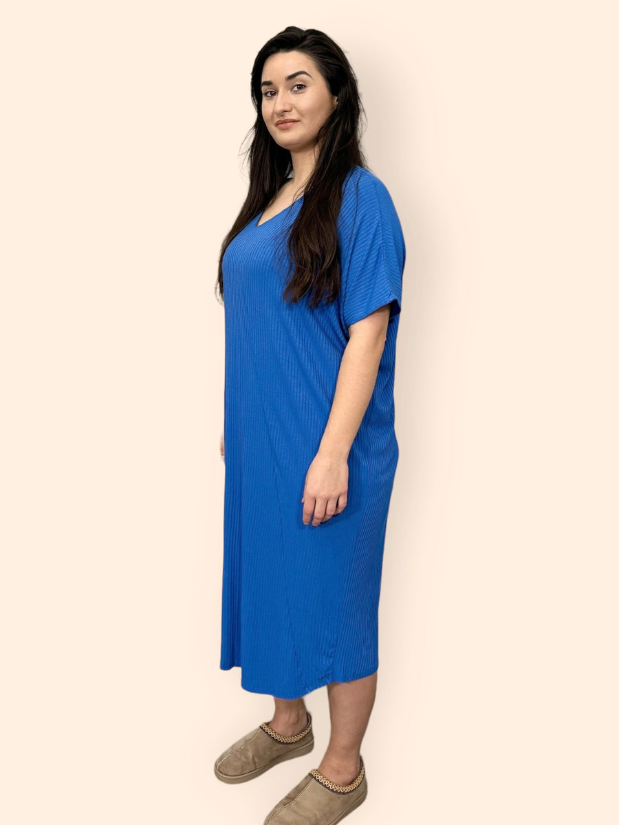 Comfy Fit Ribbed Bat Wing Dress with V Neck and Short Dropped Shoulder Sleeves