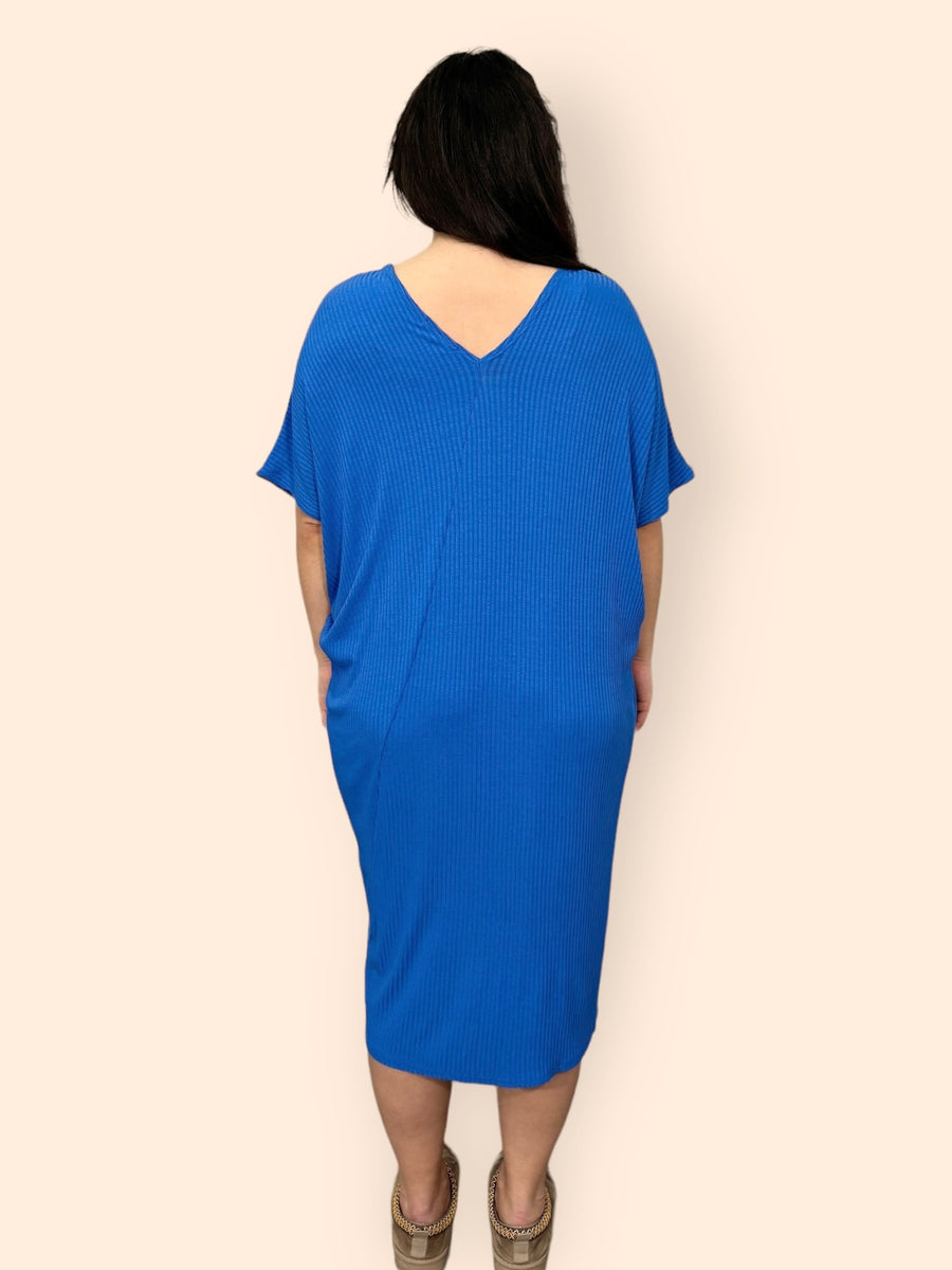 Comfy Fit Ribbed Bat Wing Dress with V Neck and Short Dropped Shoulder Sleeves