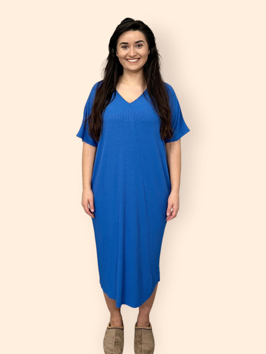 Comfy Fit Ribbed Bat Wing Dress with V Neck and Short Dropped Shoulder Sleeves