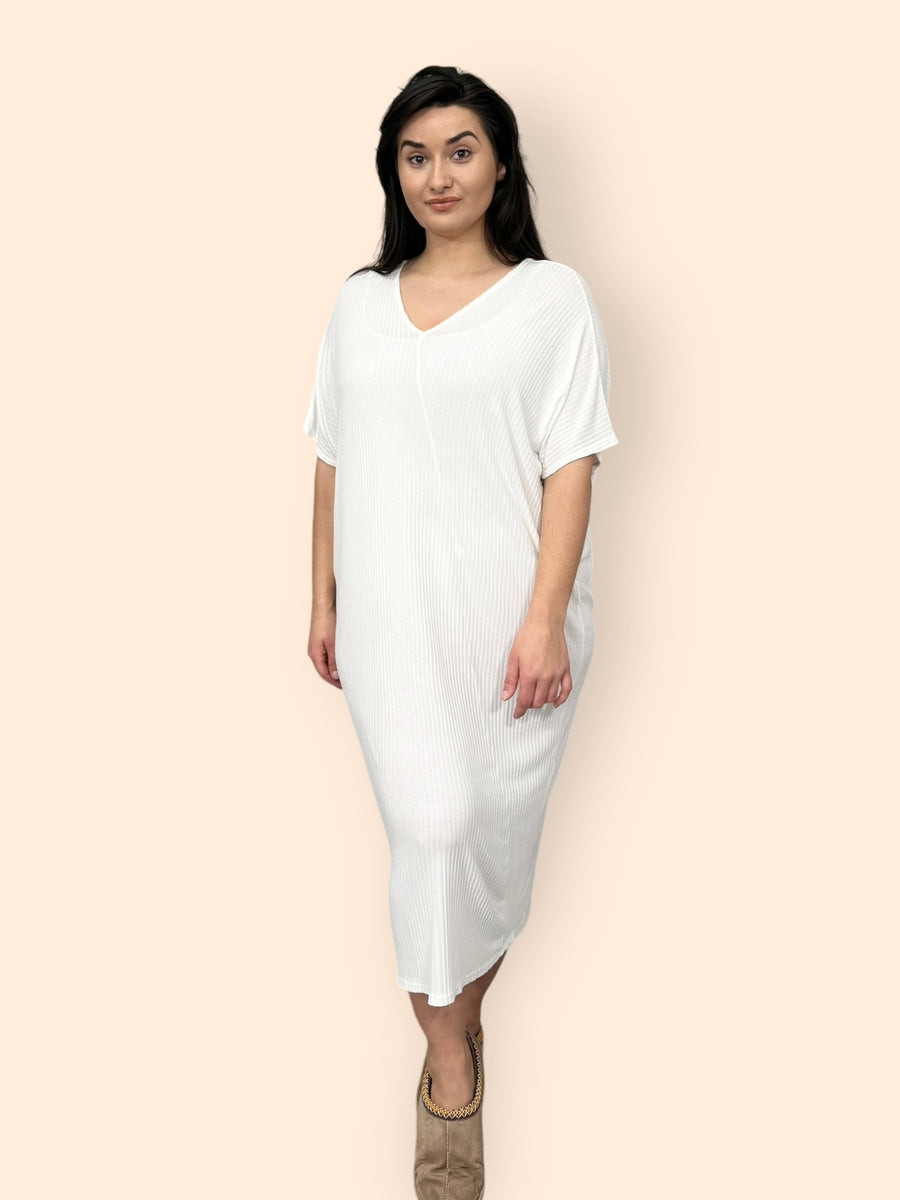 Comfy Fit Ribbed Bat Wing Dress with V Neck and Short Dropped Shoulder Sleeves