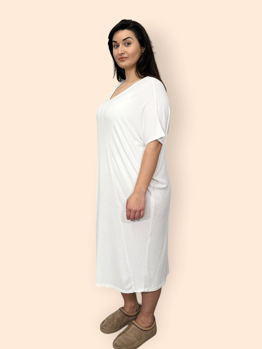 Comfy Fit Ribbed Bat Wing Dress with V Neck and Short Dropped Shoulder Sleeves