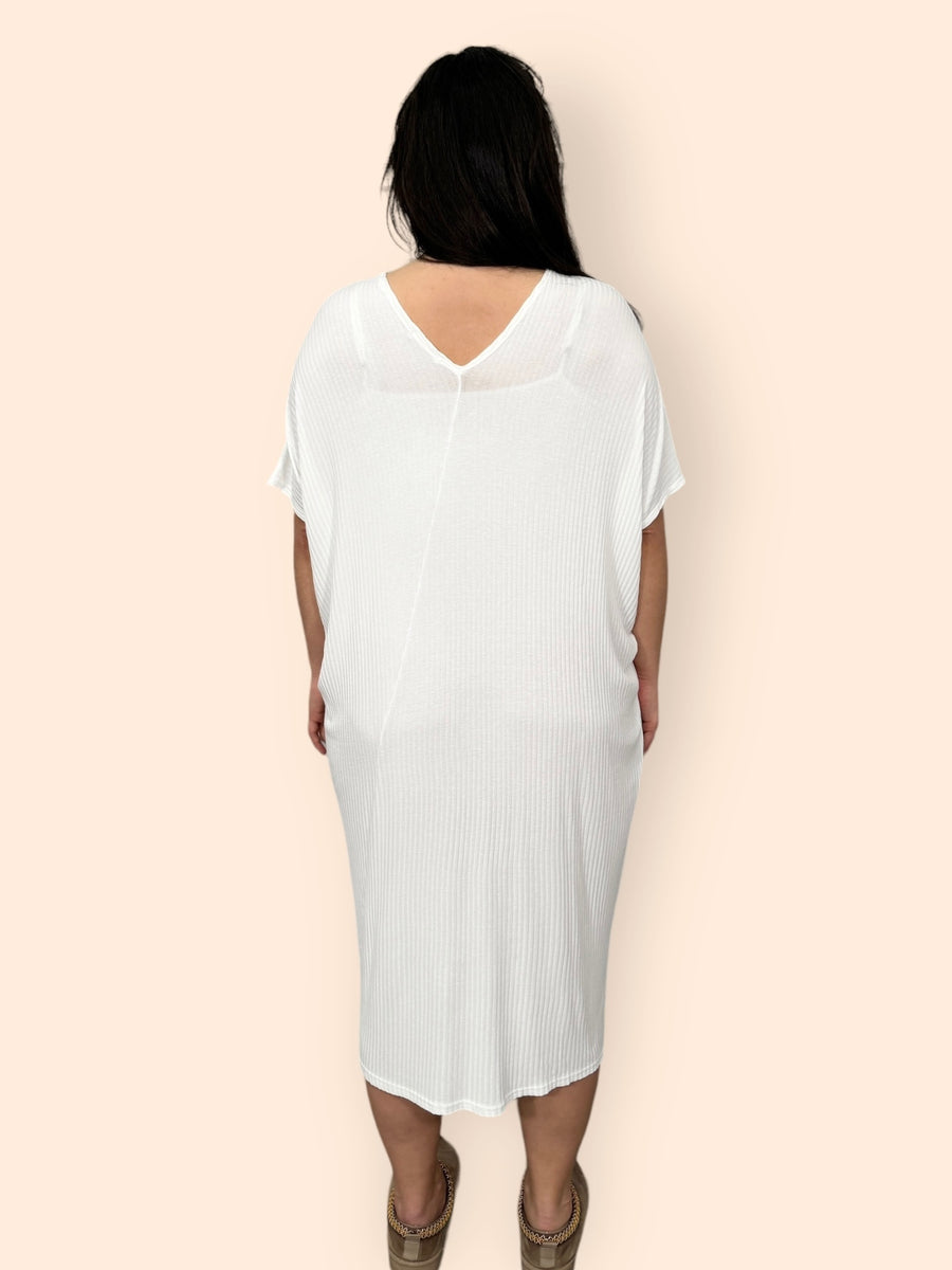 Comfy Fit Ribbed Bat Wing Dress with V Neck and Short Dropped Shoulder Sleeves