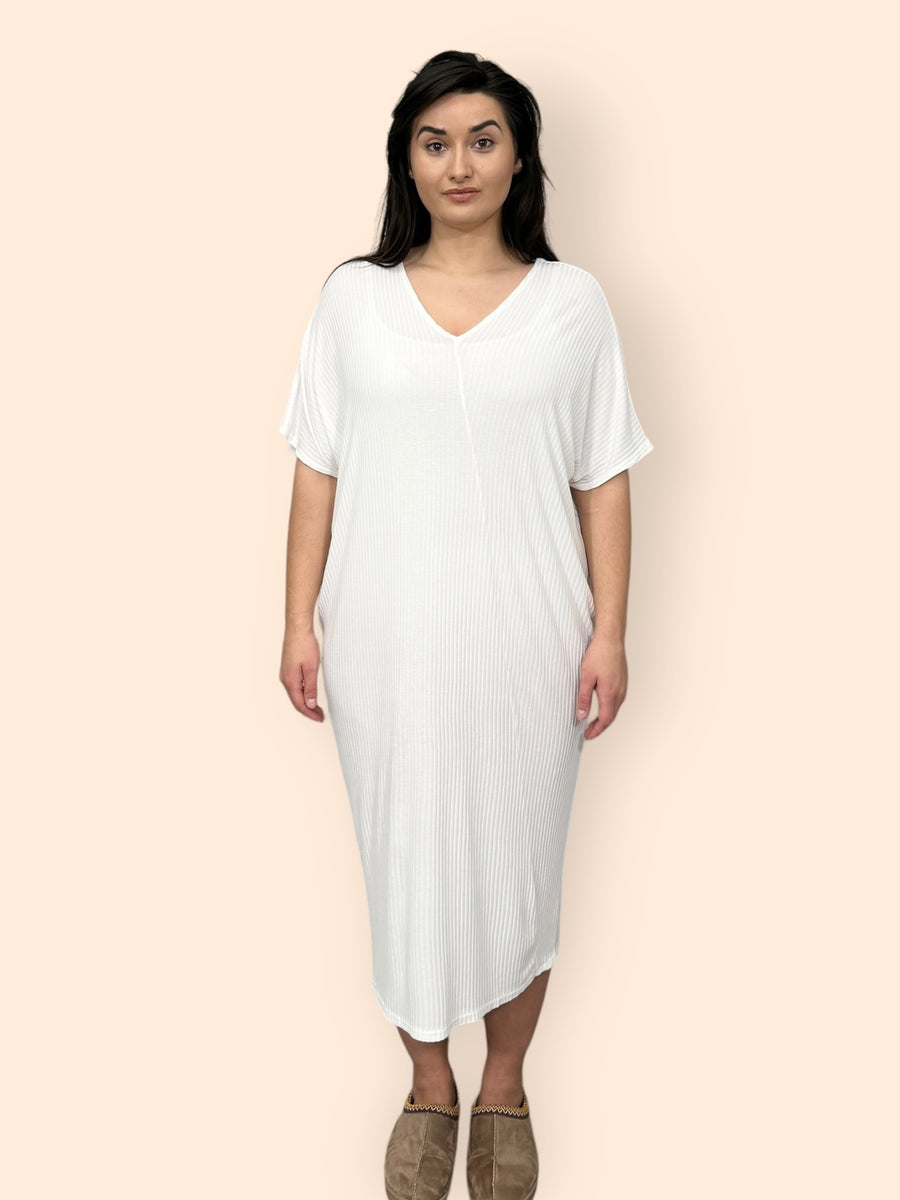 Comfy Fit Ribbed Bat Wing Dress with V Neck and Short Dropped Shoulder Sleeves