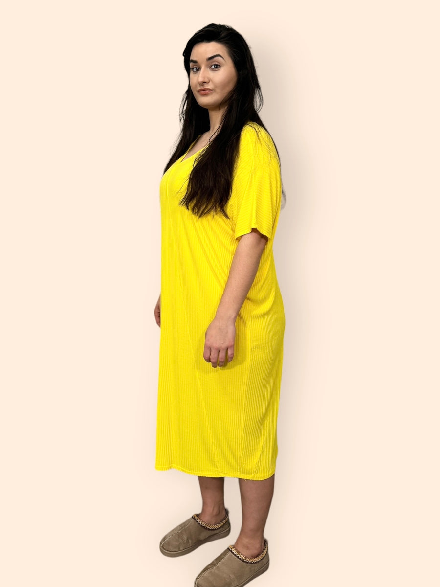 Comfy Fit Ribbed Bat Wing Dress with V Neck and Short Dropped Shoulder Sleeves