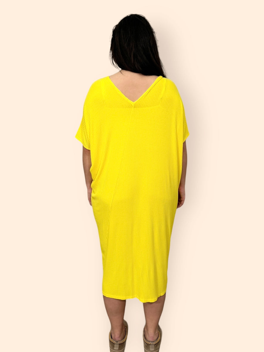 Comfy Fit Ribbed Bat Wing Dress with V Neck and Short Dropped Shoulder Sleeves