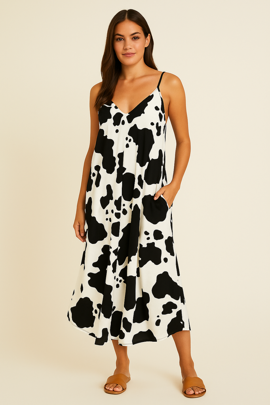 COW PRINT FLARED SUMMER DRESS WITH SHOULDER STRAPS