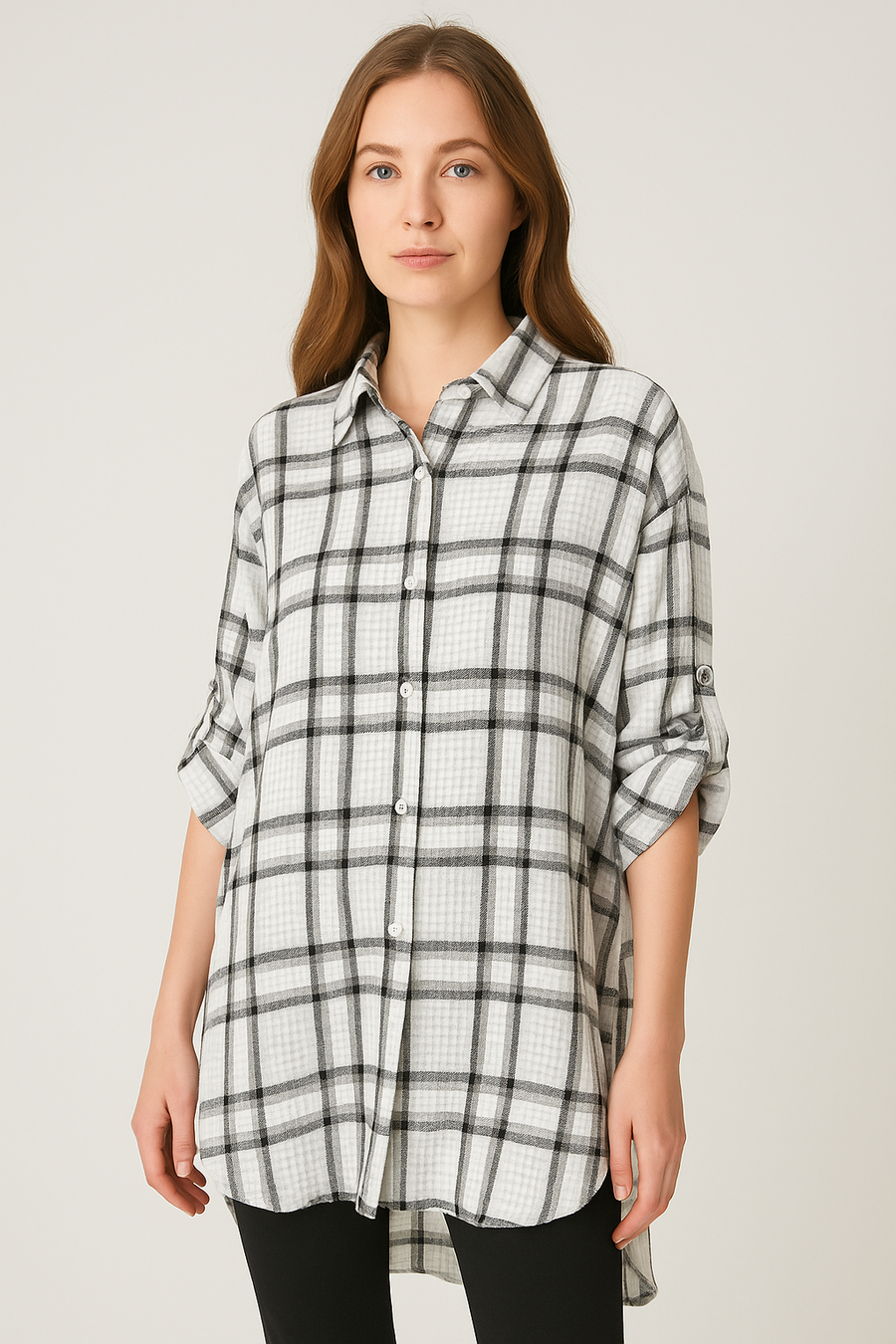 PURE COTTON OVERSIZED CHECKS PRINT SHIRT IN WAFFLE TEXTURE AND LUREX THREADING
