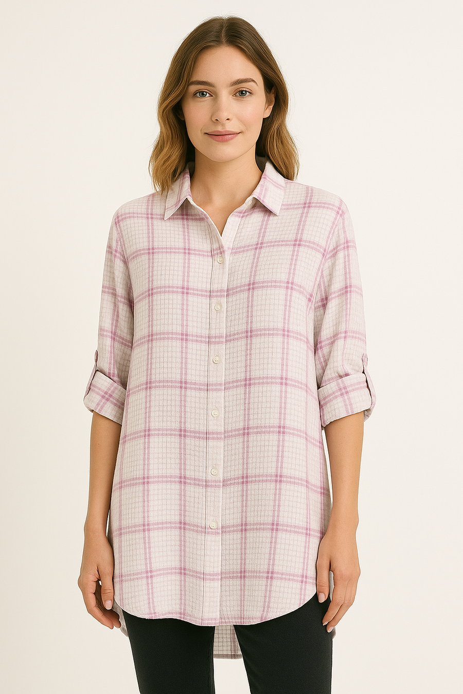 PURE COTTON OVERSIZED CHECKS PRINT SHIRT IN WAFFLE TEXTURE AND LUREX THREADING