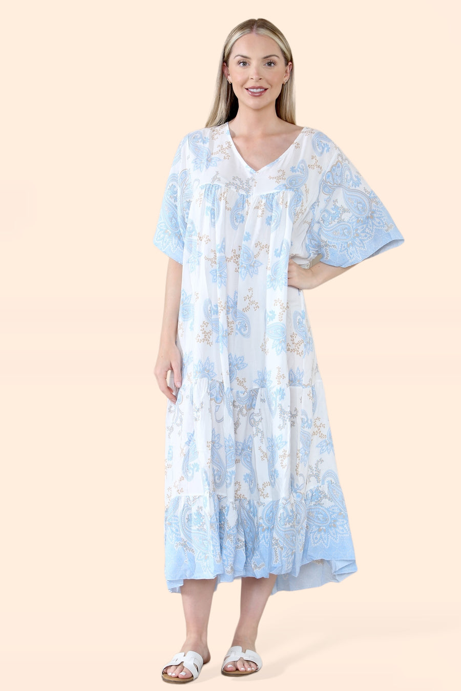 Plus Size Tiered Ruffled Dress with Flutter Sleeves and V Neck in Paisley Print