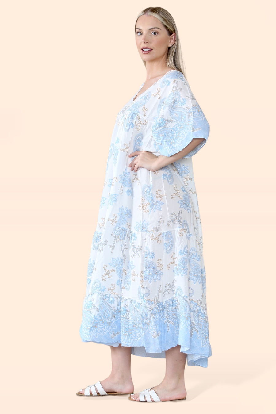 Plus Size Tiered Ruffled Dress with Flutter Sleeves and V Neck in Paisley Print