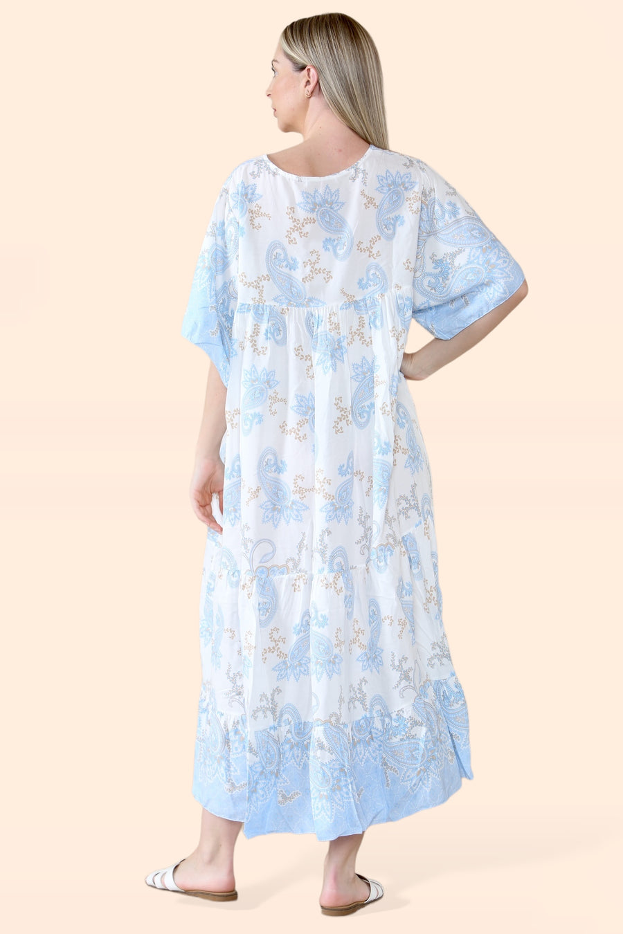 Plus Size Tiered Ruffled Dress with Flutter Sleeves and V Neck in Paisley Print