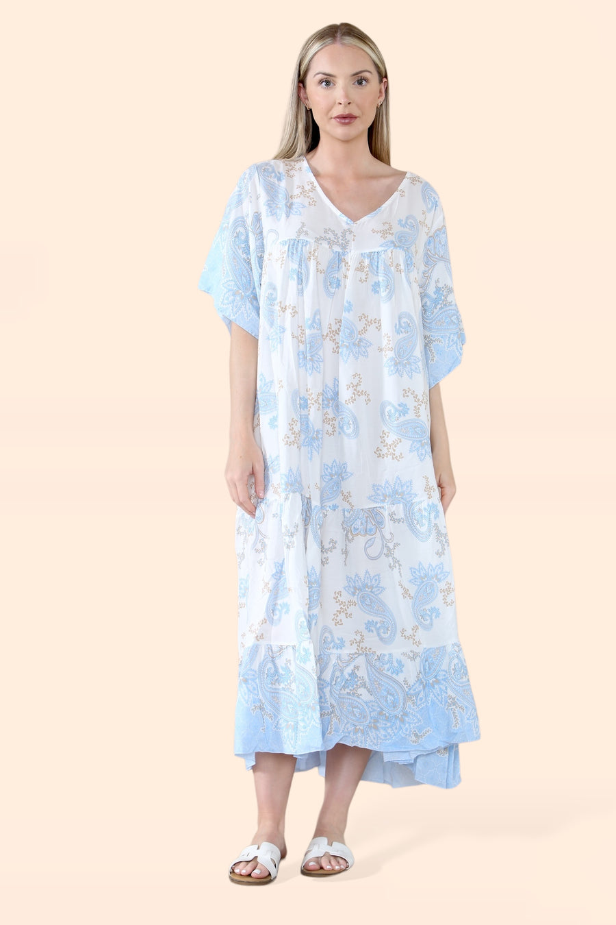 Plus Size Tiered Ruffled Dress with Flutter Sleeves and V Neck in Paisley Print