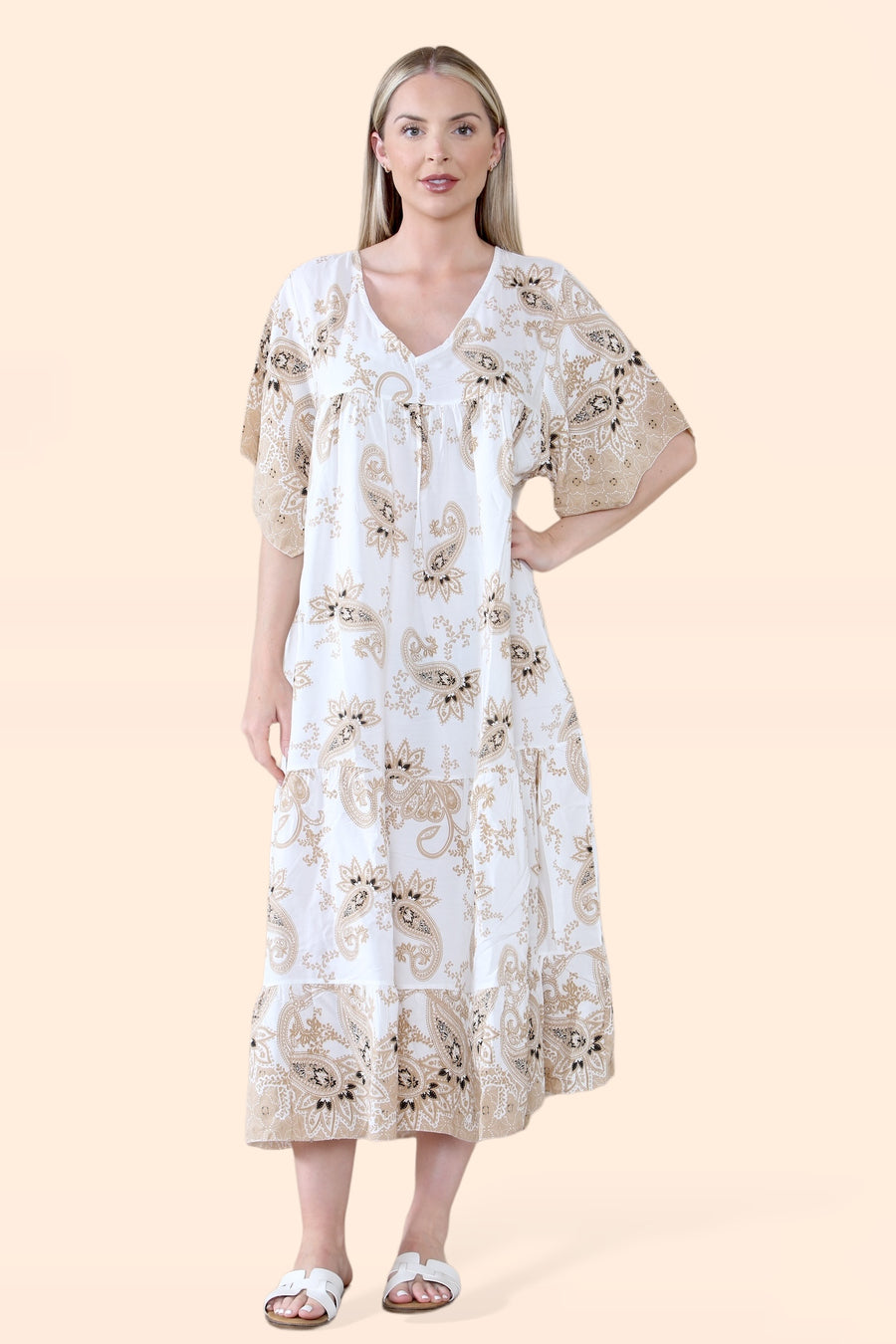 Plus Size Tiered Ruffled Dress with Flutter Sleeves and V Neck in Paisley Print