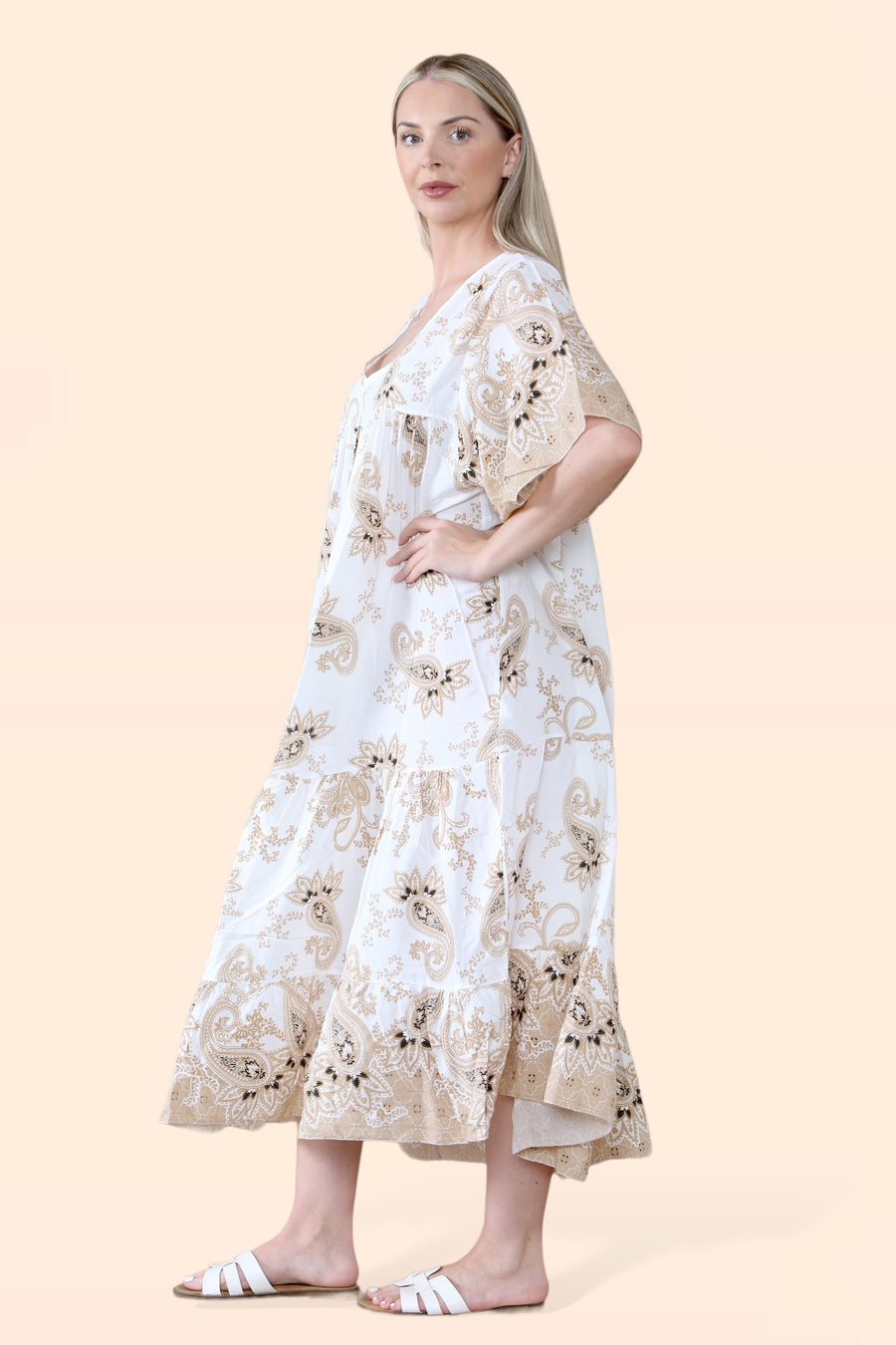 Plus Size Tiered Ruffled Dress with Flutter Sleeves and V Neck in Paisley Print