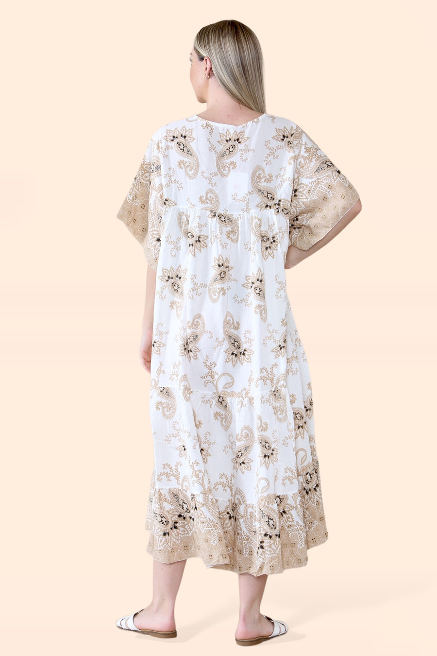 Plus Size Tiered Ruffled Dress with Flutter Sleeves and V Neck in Paisley Print