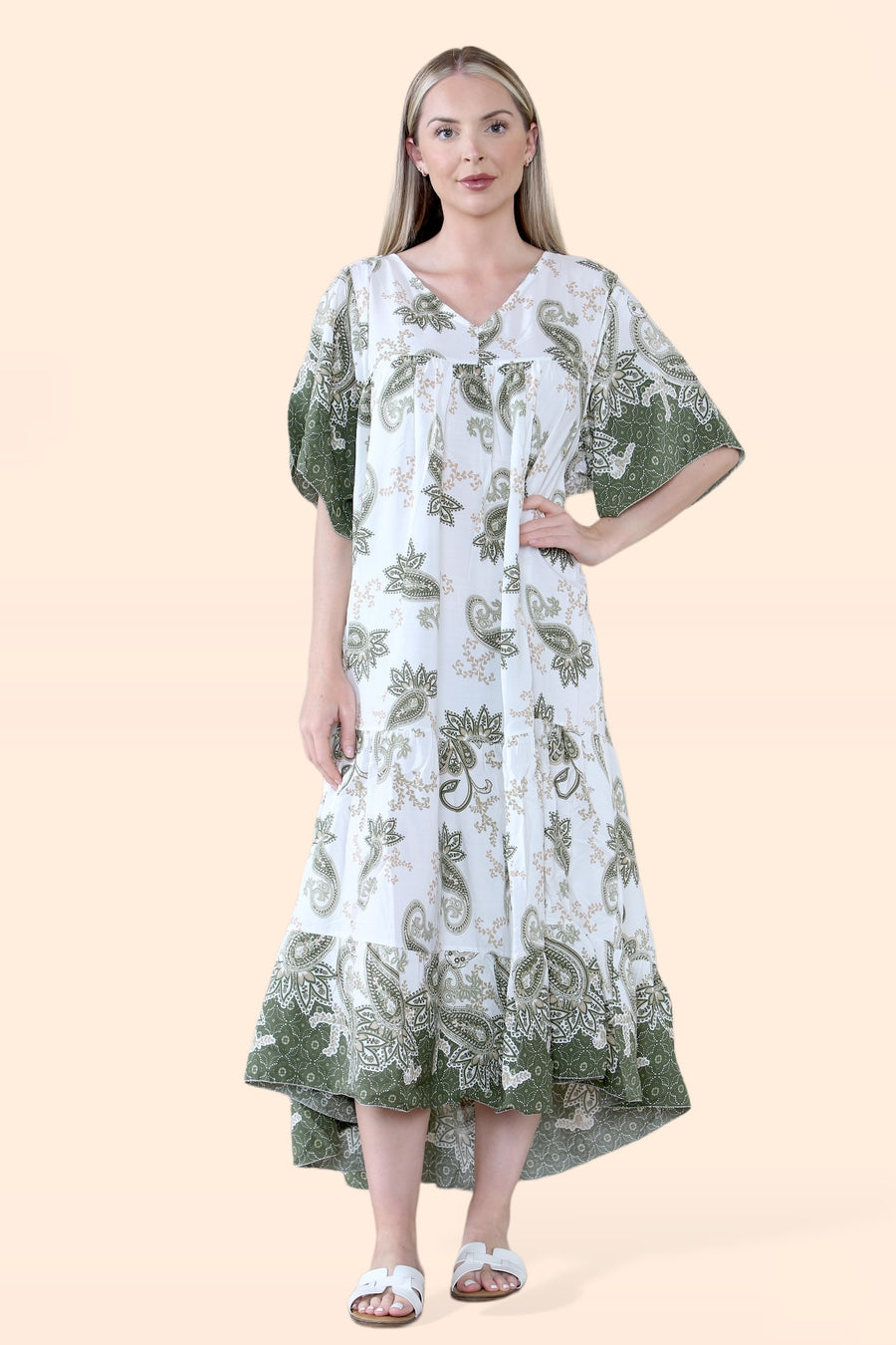 Plus Size Tiered Ruffled Dress with Flutter Sleeves and V Neck in Paisley Print