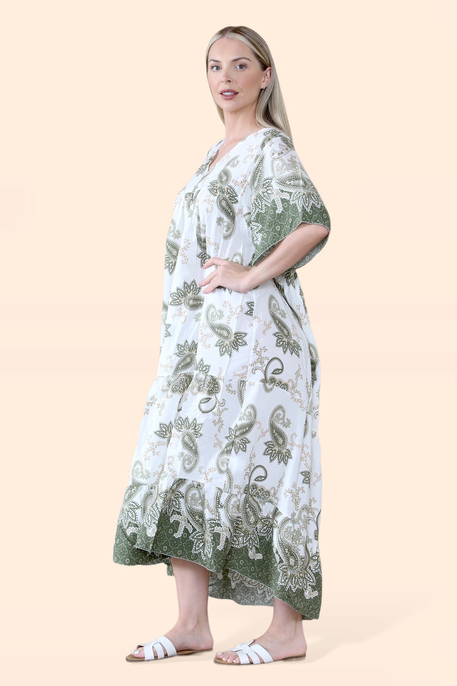 Plus Size Tiered Ruffled Dress with Flutter Sleeves and V Neck in Paisley Print