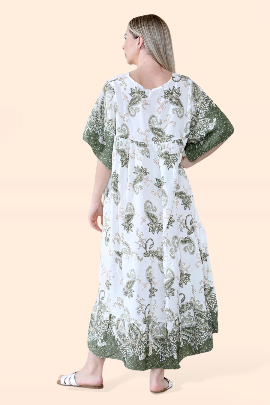 Plus Size Tiered Ruffled Dress with Flutter Sleeves and V Neck in Paisley Print