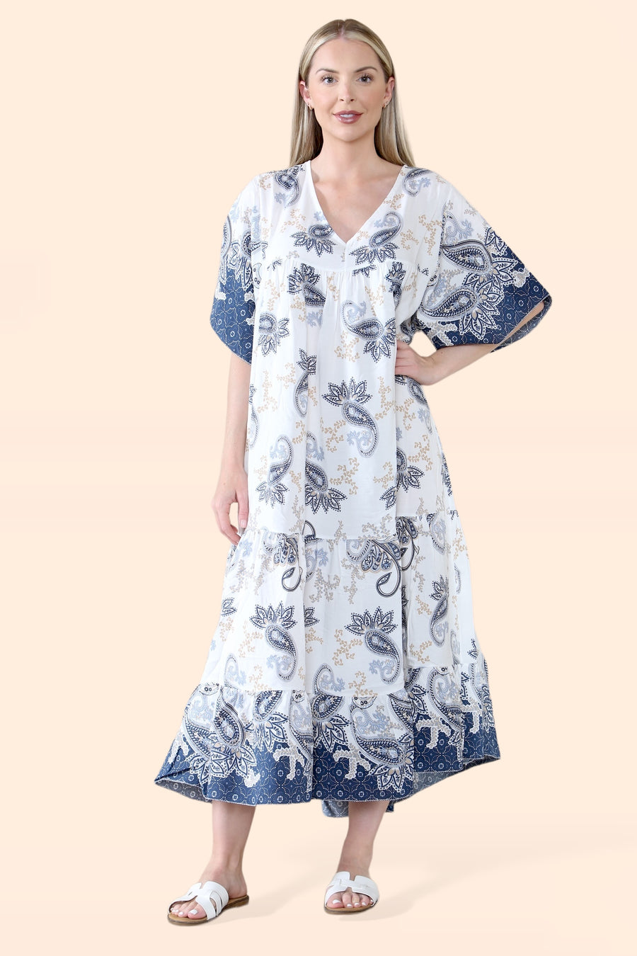 Plus Size Tiered Ruffled Dress with Flutter Sleeves and V Neck in Paisley Print