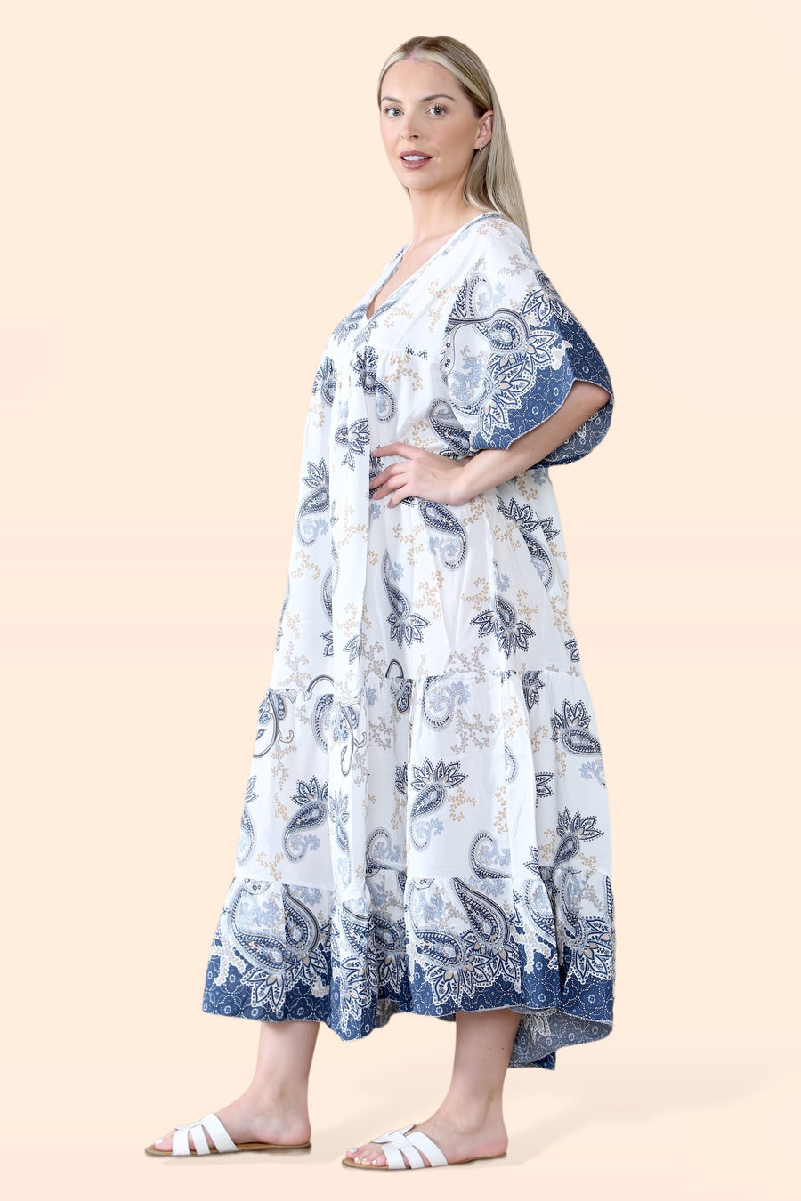 Plus Size Tiered Ruffled Dress with Flutter Sleeves and V Neck in Paisley Print