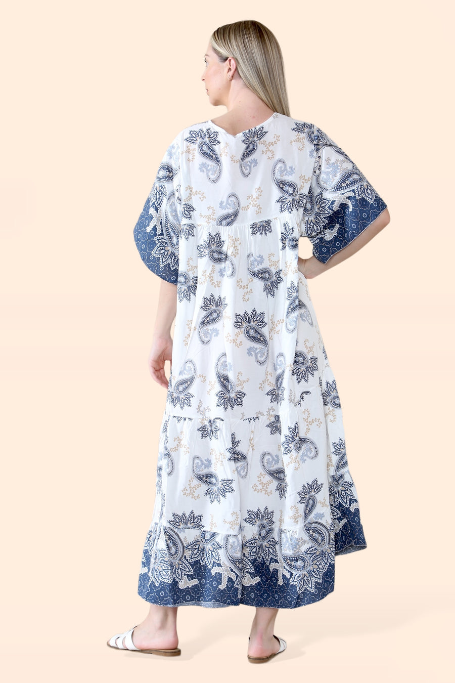 Plus Size Tiered Ruffled Dress with Flutter Sleeves and V Neck in Paisley Print