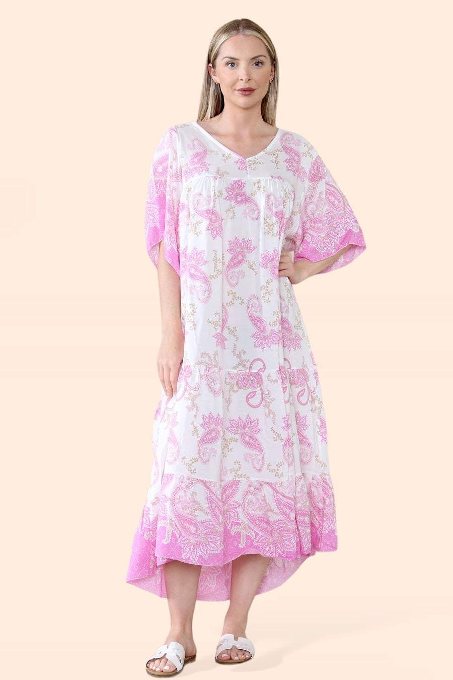 Plus Size Tiered Ruffled Dress with Flutter Sleeves and V Neck in Paisley Print