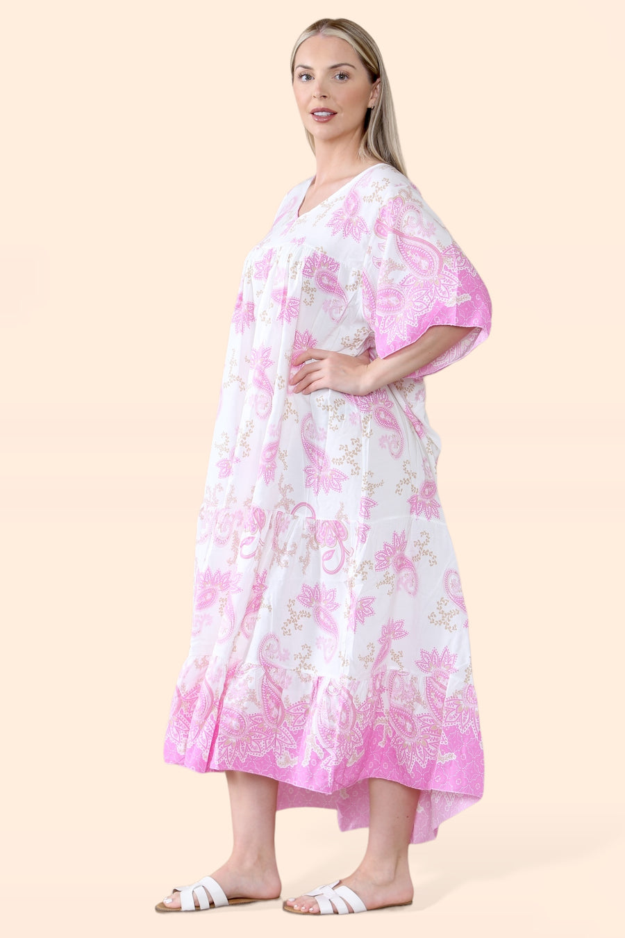 Plus Size Tiered Ruffled Dress with Flutter Sleeves and V Neck in Paisley Print