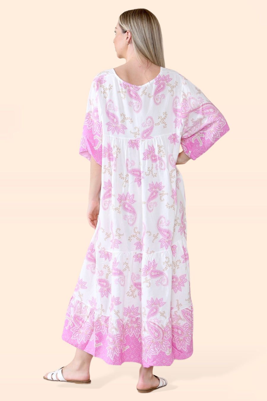 Plus Size Tiered Ruffled Dress with Flutter Sleeves and V Neck in Paisley Print