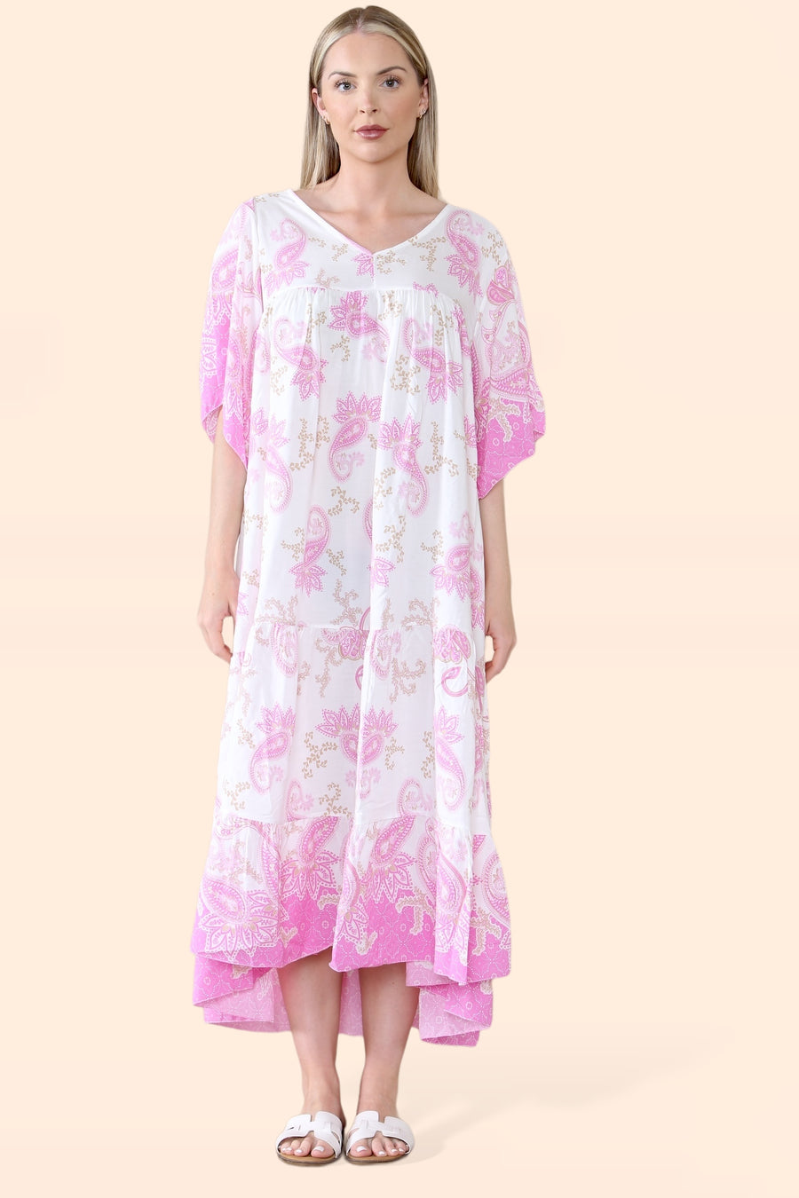 Plus Size Tiered Ruffled Dress with Flutter Sleeves and V Neck in Paisley Print