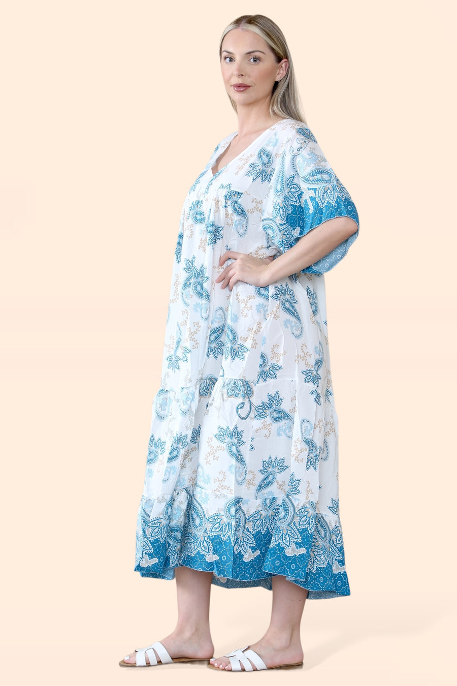 Plus Size Tiered Ruffled Dress with Flutter Sleeves and V Neck in Paisley Print