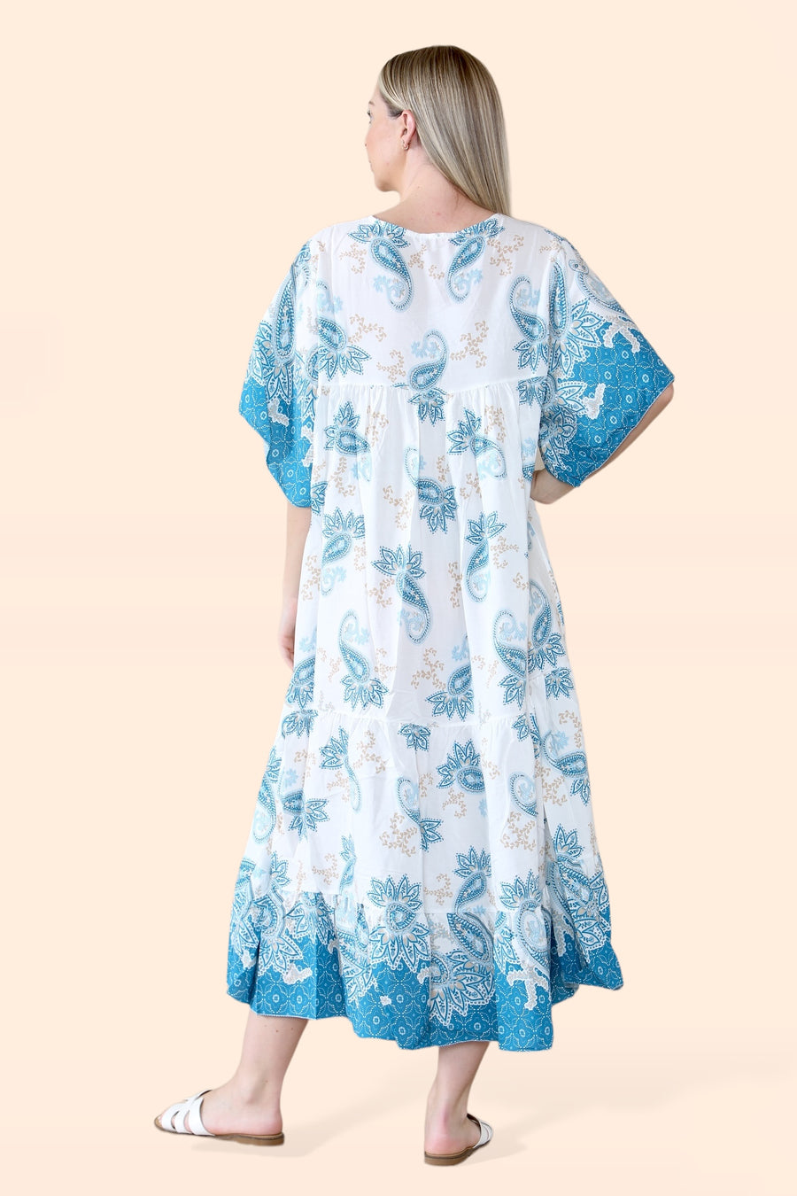 Plus Size Tiered Ruffled Dress with Flutter Sleeves and V Neck in Paisley Print