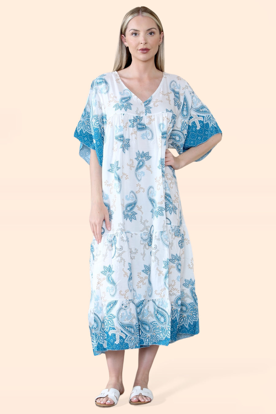 Plus Size Tiered Ruffled Dress with Flutter Sleeves and V Neck in Paisley Print