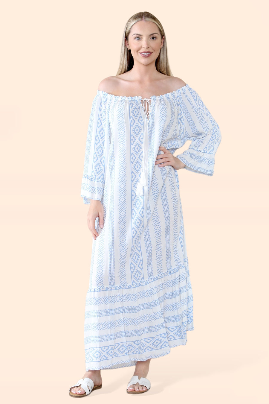 Aztec Print Off Shoulder Maxi Dress with Neck Tassel Strings