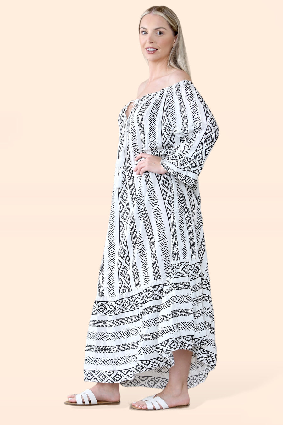 Aztec Print Off Shoulder Maxi Dress with Neck Tassel Strings