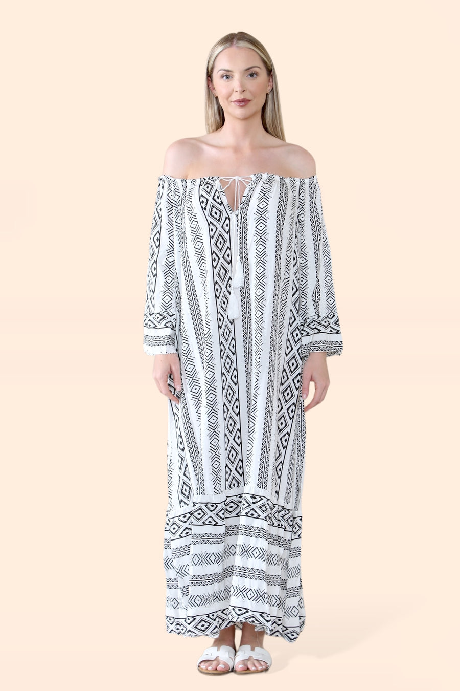 Aztec Print Off Shoulder Maxi Dress with Neck Tassel Strings