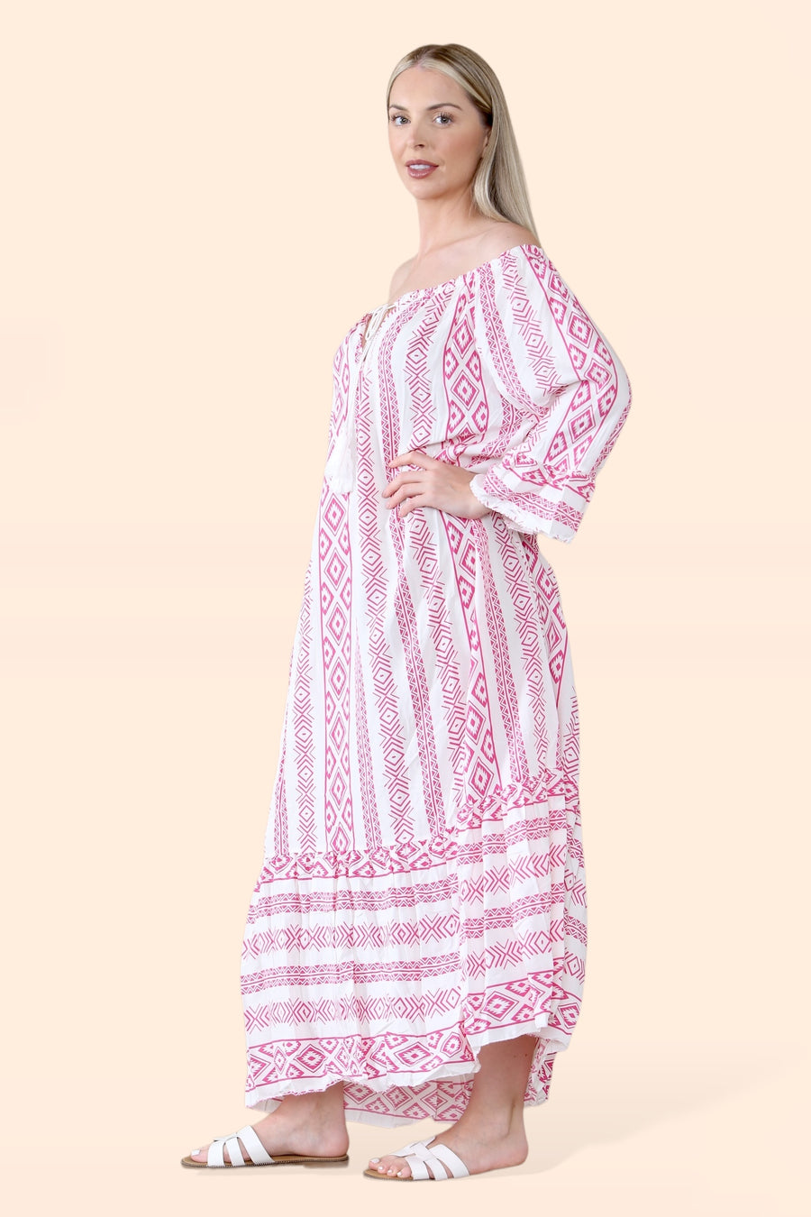 Aztec Print Off Shoulder Maxi Dress with Neck Tassel Strings