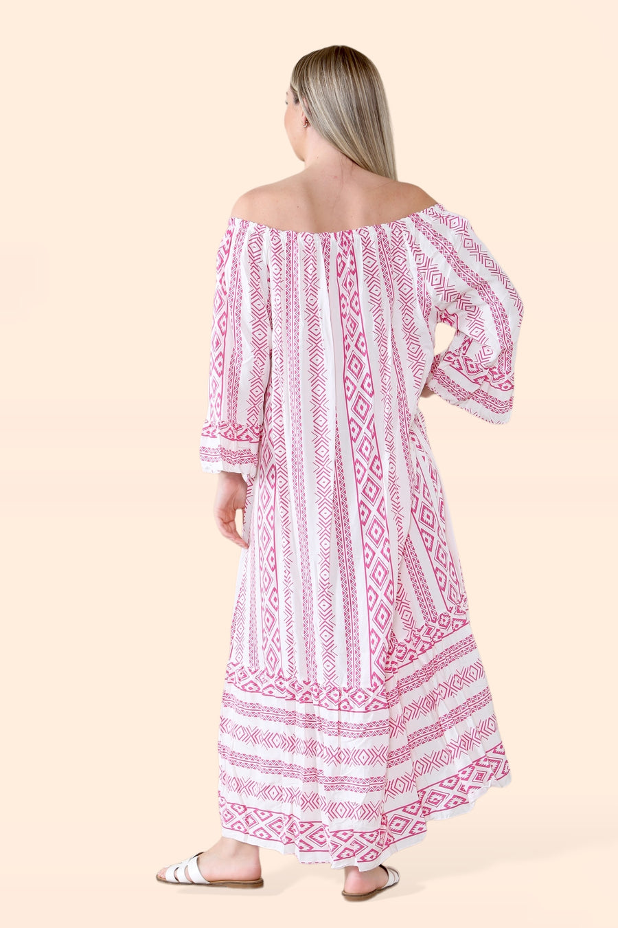 Aztec Print Off Shoulder Maxi Dress with Neck Tassel Strings