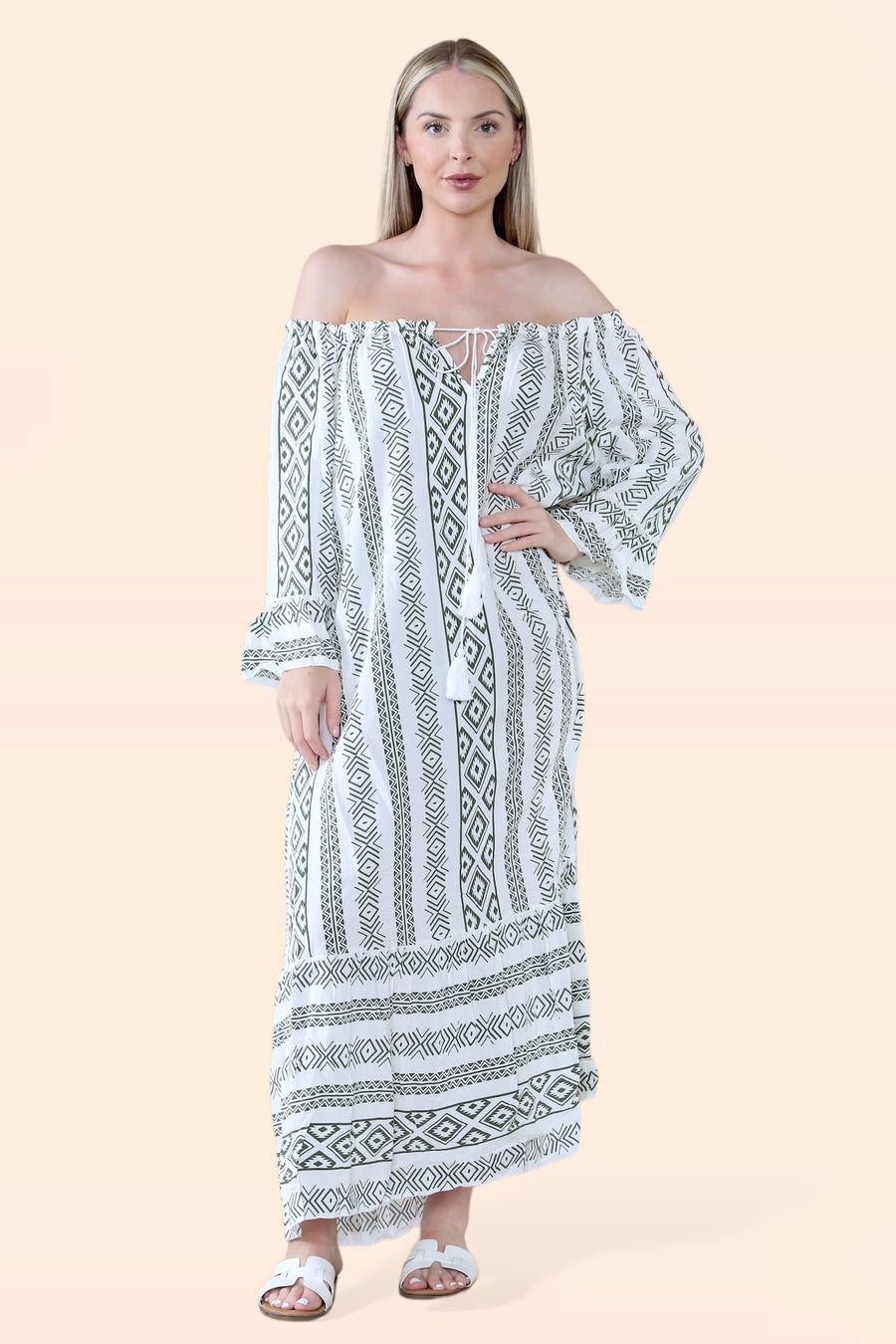 Aztec Print Off Shoulder Maxi Dress with Neck Tassel Strings