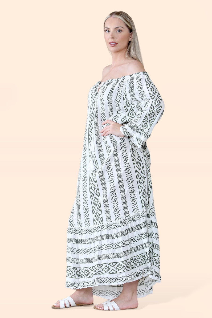 Aztec Print Off Shoulder Maxi Dress with Neck Tassel Strings