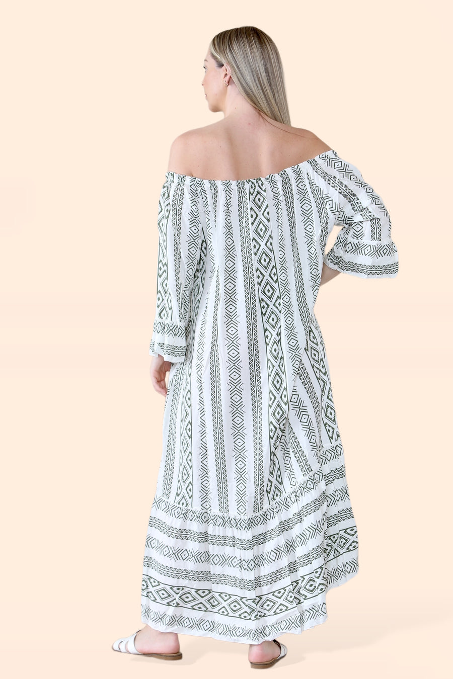 Aztec Print Off Shoulder Maxi Dress with Neck Tassel Strings